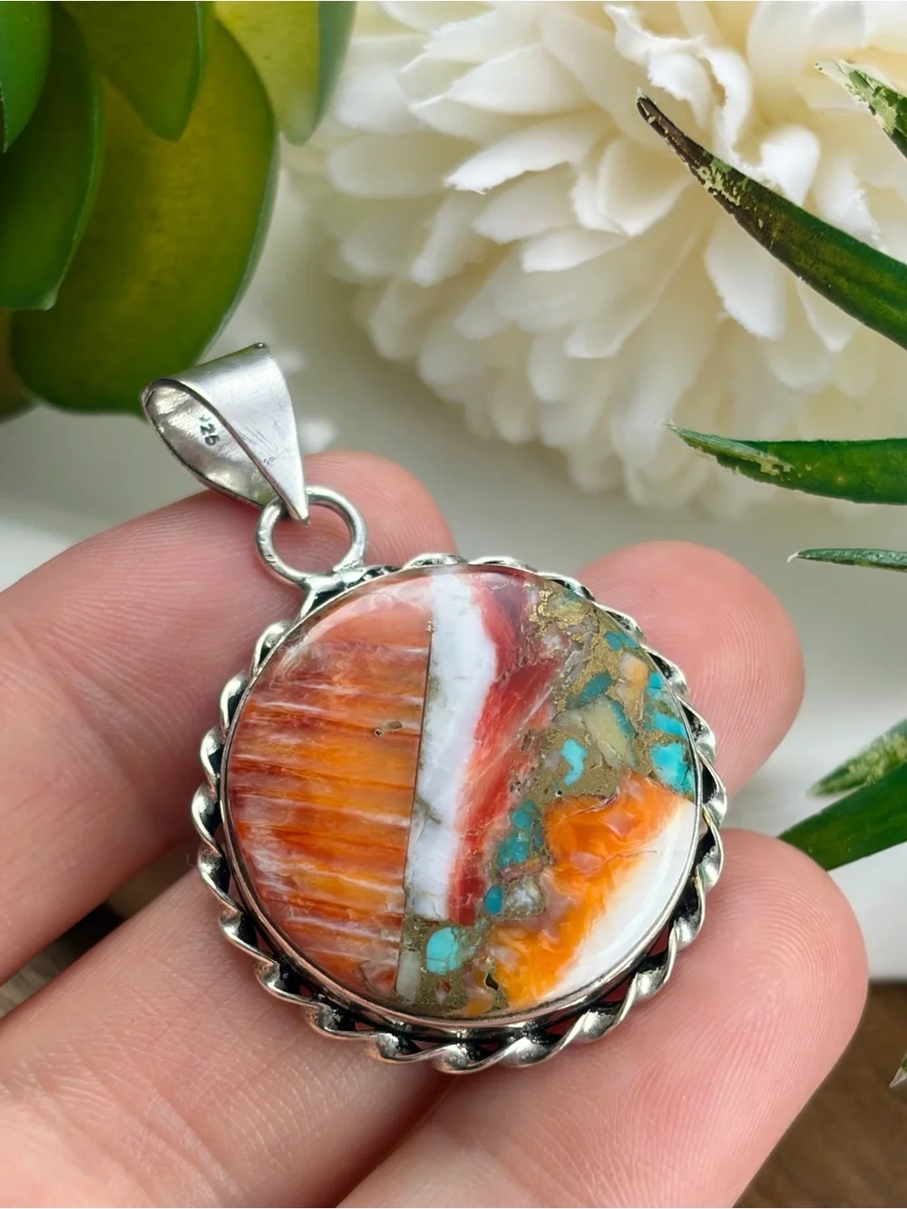 New Southwest Round Oyster Copper Turquoise Pendant 925 Sterling Silver Overlay
